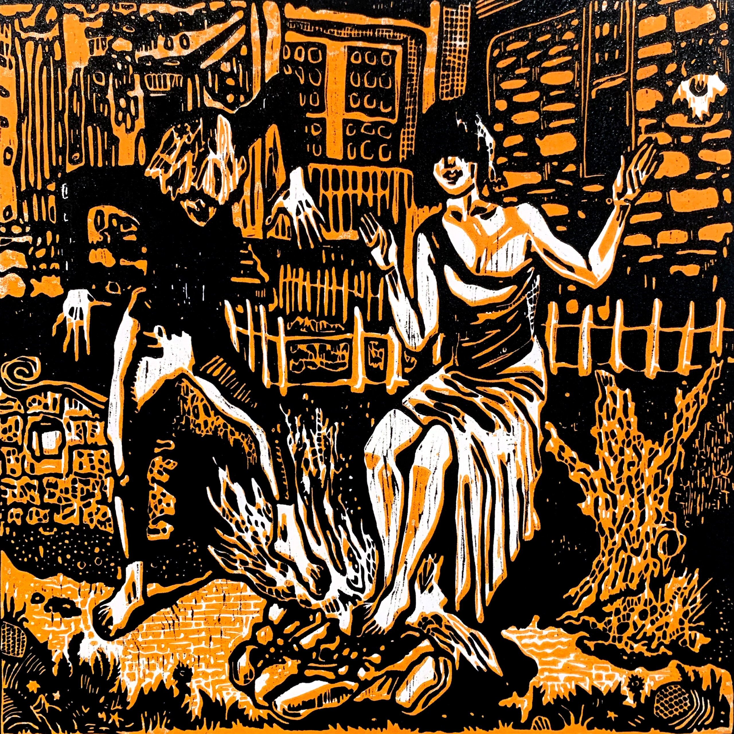 Much Like Firewalking Woodcut Metra Mitchell Artwork